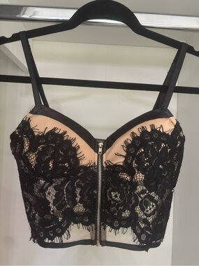 Black Nude Lace Bustier Corset Crop Top Zip Front Underwire Small